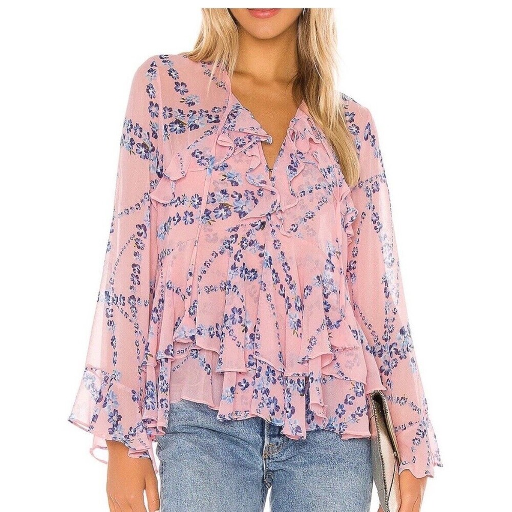 MISA Los Angeles Blouse Damaris Light Pink Blue Floral Ruffle Top Small Revolve